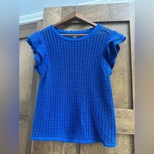 GAP flutter sleeve crochet top, indigo blue, size M.